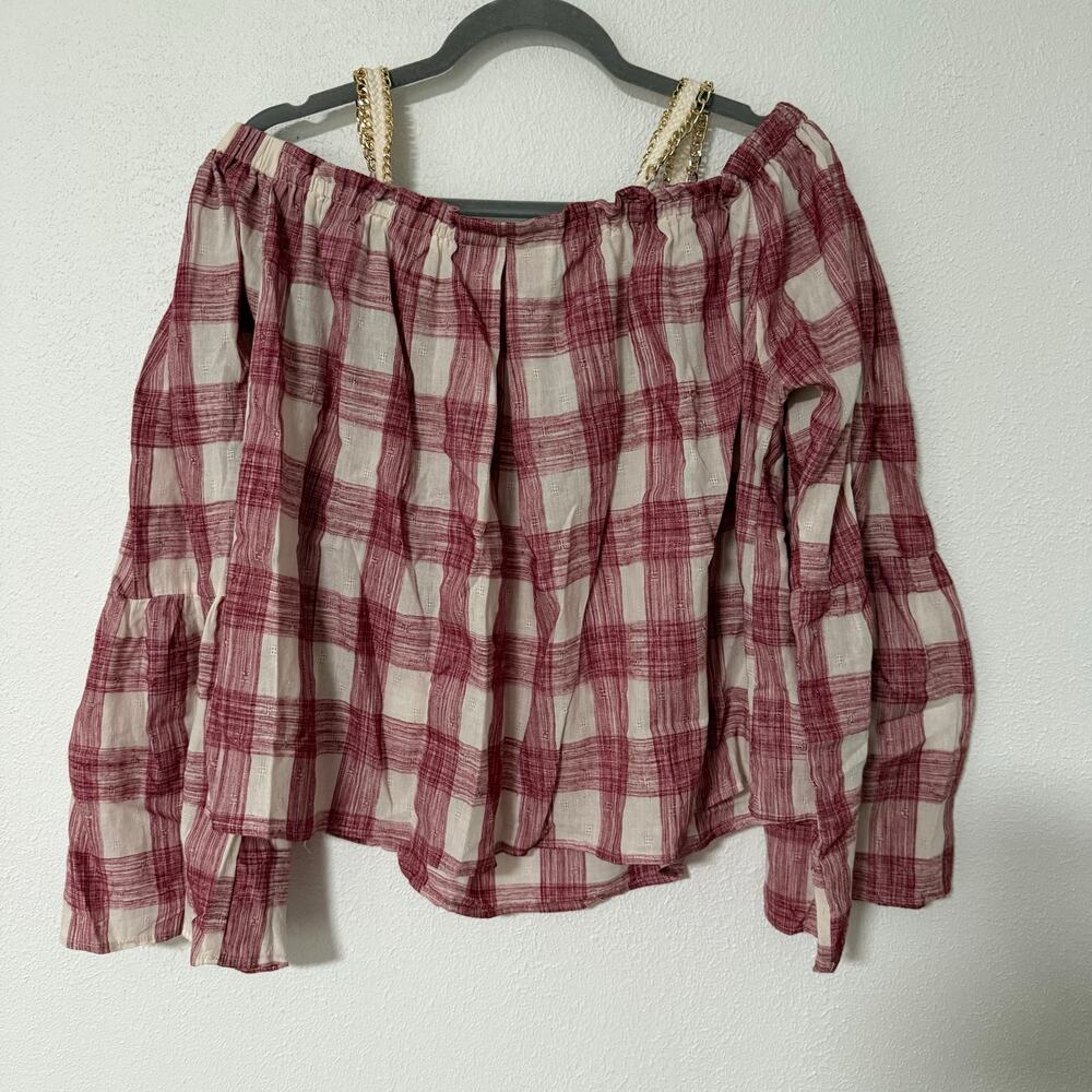 TOV Los Angeles Women's Cotton Plaid Bell Sleeve Top Size 44 US 14